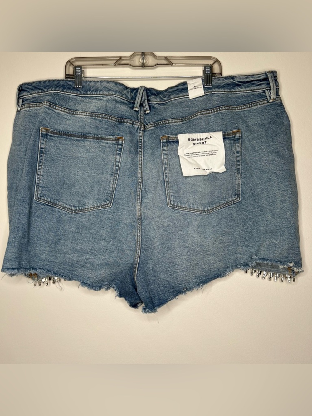Good American Blue Denim Jean Shorts with Rhinestone Fringe - Picture 11 of 13